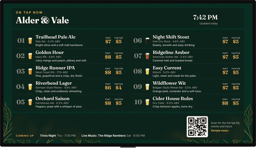 A TV showing a tap list in deep green, with gold prices