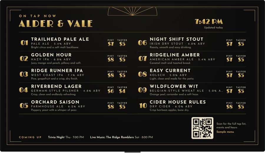 A TV showing a tap list in Art Deco black and gold