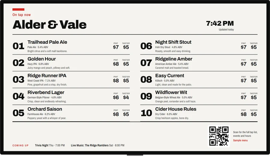 A TV showing a tap list as a Swiss poster: huge tap numbers in black on cream, with red accents