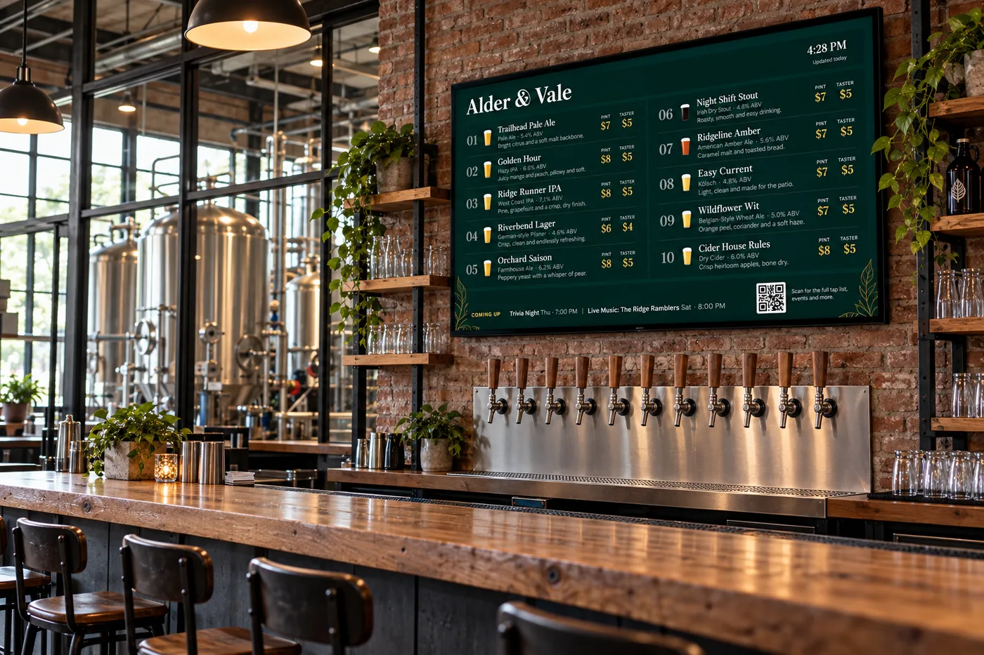 A brick-walled taproom bar with a row of taps under a TV showing the Alder & Vale tap menu in the Classic look