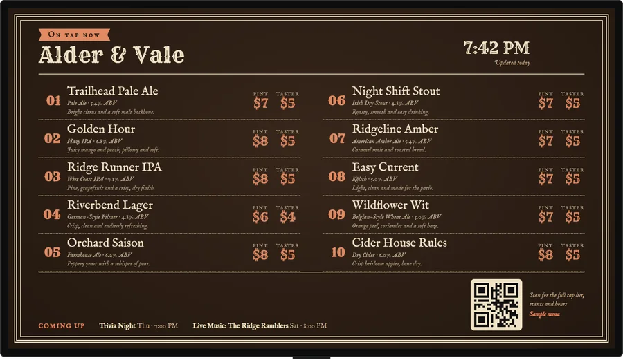 A TV showing a tap list styled like an old engraved beer label, in tavern brown